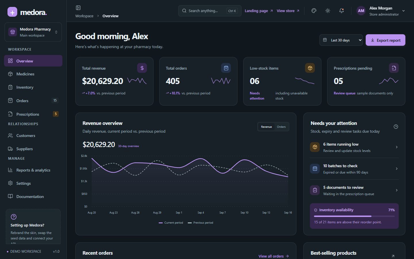 Soft violet admin dashboard in dark mode