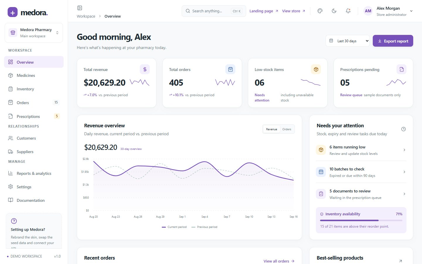 Soft violet admin dashboard in light mode
